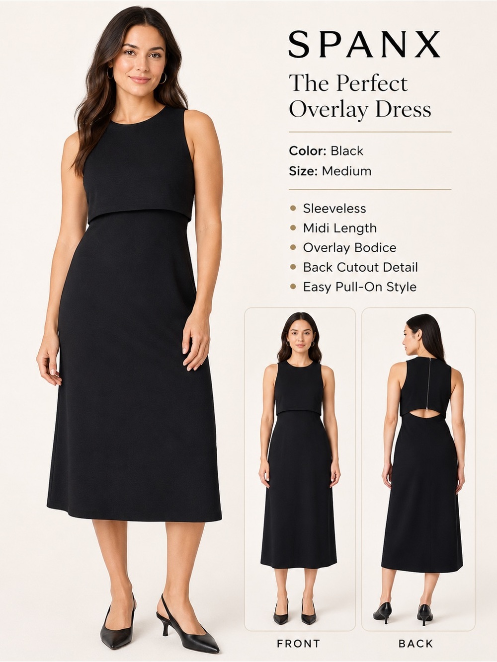SPANX The Perfect Overlay Dress Black Sleeveless Midi Dress Size Medium DM3